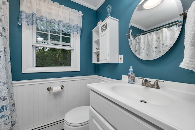 6 Cherry St, Concord, NH 03301 - bathroom featuring wainscoting, ornamental molding, vanity, toilet, and a baseboard heating unit