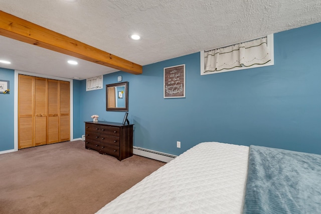 6 Cherry St, Concord, NH 03301 - bedroom with a baseboard heating unit, recessed lighting, carpet floors, baseboards, and beam ceiling