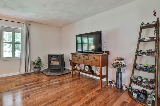 56 Averill Rd, Brookline, NH 03033 - living area featuring a wood stove, wood finished floors, and baseboards