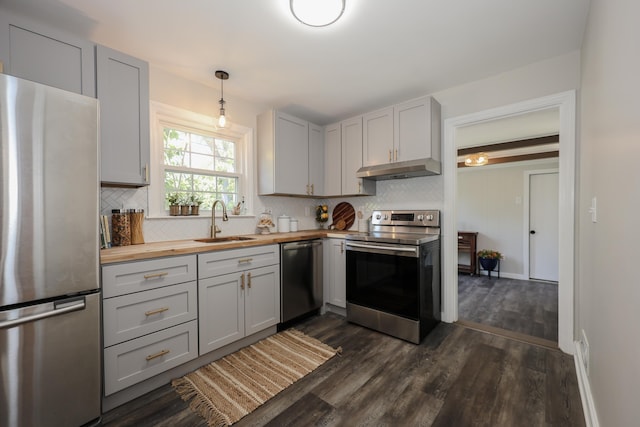 798 Hanover St, Manchester, NH 03104 - kitchen featuring stainless steel appliances, wood counters, a sink, gray cabinetry, and tasteful backsplash