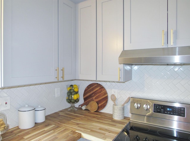 798 Hanover St, Manchester, NH 03104 - kitchen featuring under cabinet range hood, stainless steel electric range, decorative backsplash, wooden counters, and white cabinets