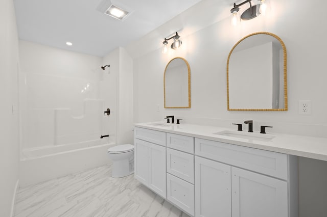 93 Stage Rd, Hampstead, NH 03841 - full bath featuring double vanity, toilet, tub / shower combination, marble look tiles, and recessed lighting