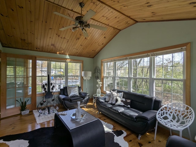 19 Bradford Dr, Salem, NH 03079 - living area featuring wood ceiling, wood finished floors, lofted ceiling, a ceiling fan, and healthy amount of natural light