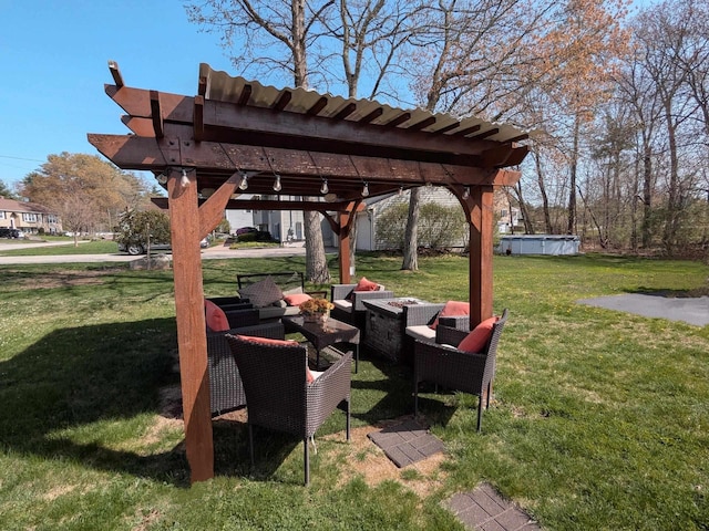19 Bradford Dr, Salem, NH 03079 - view of green lawn with an outdoor hangout area and a pergola