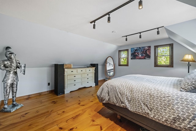 126 Stoddard Rd, Columbia, NH 03576 - bedroom featuring track lighting, light wood-style flooring, and vaulted ceiling