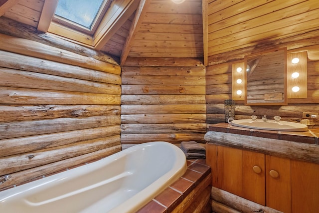 126 Stoddard Rd, Columbia, NH 03576 - bathroom with a skylight, a tub to relax in, vanity, and rustic walls