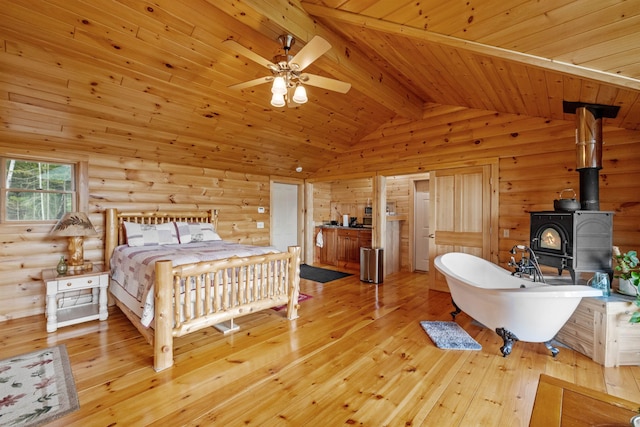 126 Stoddard Rd, Columbia, NH 03576 - bedroom featuring wood ceiling, a wood stove, wood-type flooring, and wooden walls
