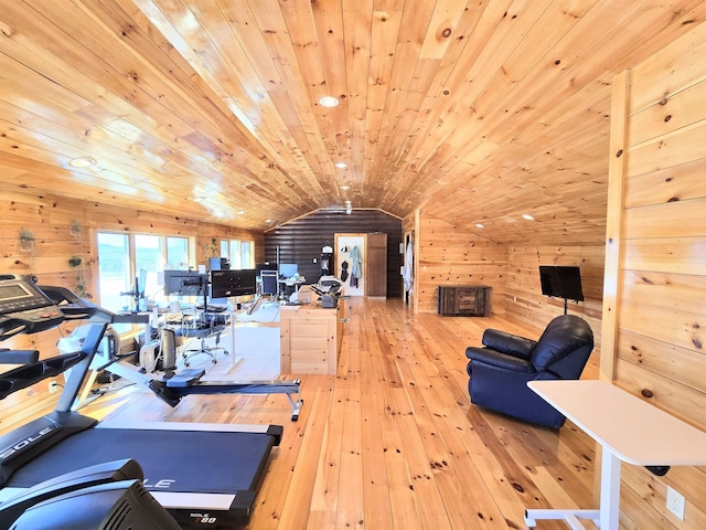 126 Stoddard Rd, Columbia, NH 03576 - living room featuring wooden walls, vaulted ceiling, wooden ceiling, and hardwood / wood-style floors