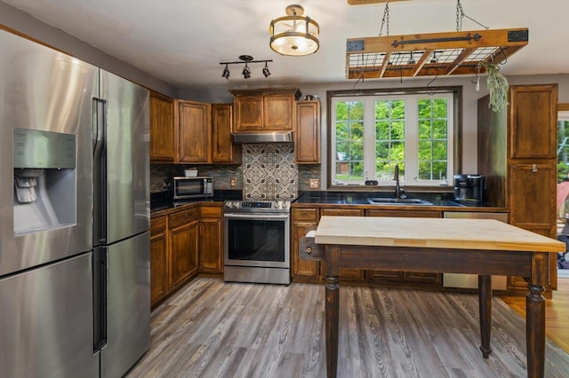 53 Crestview Dr, Jaffrey, NH 03452 - kitchen featuring stainless steel appliances, a sink, under cabinet range hood, light wood finished floors, and backsplash