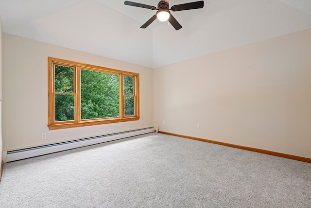 40 Trolley St, Manchester, NH 03103 - spare room with baseboard heating, lofted ceiling, carpet floors, baseboards, and ceiling fan