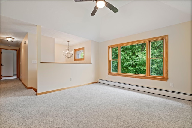 40 Trolley St, Manchester, NH 03103 - unfurnished room with a baseboard heating unit, carpet flooring, baseboards, a chandelier, and a ceiling fan