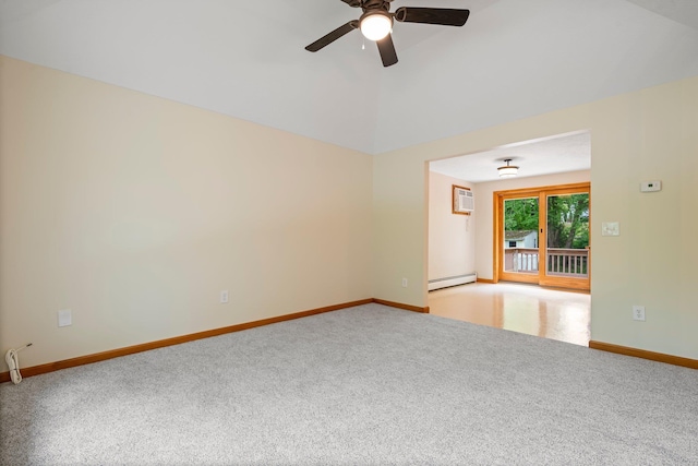 40 Trolley St, Manchester, NH 03103 - spare room with a baseboard radiator, light carpet, a wall mounted air conditioner, lofted ceiling, and ceiling fan