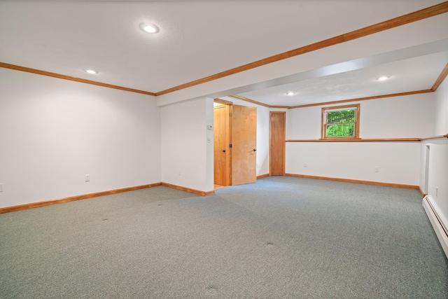 40 Trolley St, Manchester, NH 03103 - carpeted spare room featuring crown molding, baseboards, recessed lighting, and a baseboard radiator