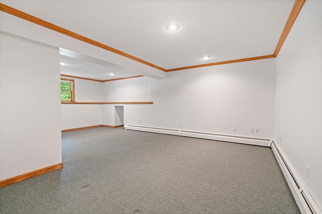 40 Trolley St, Manchester, NH 03103 - spare room featuring ornamental molding, carpet floors, a baseboard radiator, baseboards, and recessed lighting