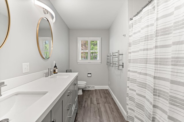 165 Tanglewood Dr, Colchester, VT 05546 - full bathroom with wood finished floors, double vanity, toilet, baseboards, and a shower with curtain