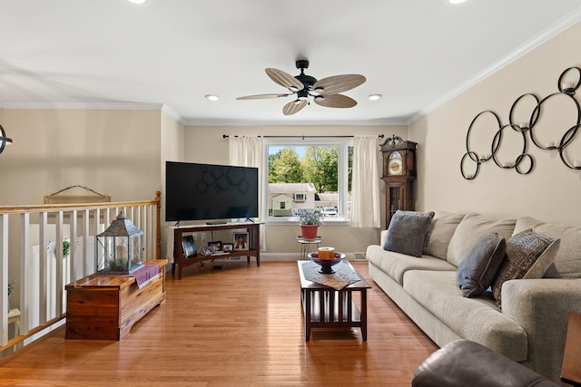 165 Tanglewood Dr, Colchester, VT 05546 - living room featuring a ceiling fan, light wood-type flooring, recessed lighting, and ornamental molding