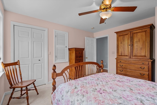 2351 Sugar Hill Rd, Wallingford, VT 05742 - bedroom with light colored carpet, baseboards, a closet, and a ceiling fan