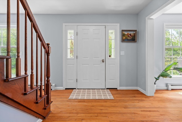 2351 Sugar Hill Rd, Wallingford, VT 05742 - foyer entrance with a baseboard heating unit, stairs, light wood finished floors, and baseboard heating