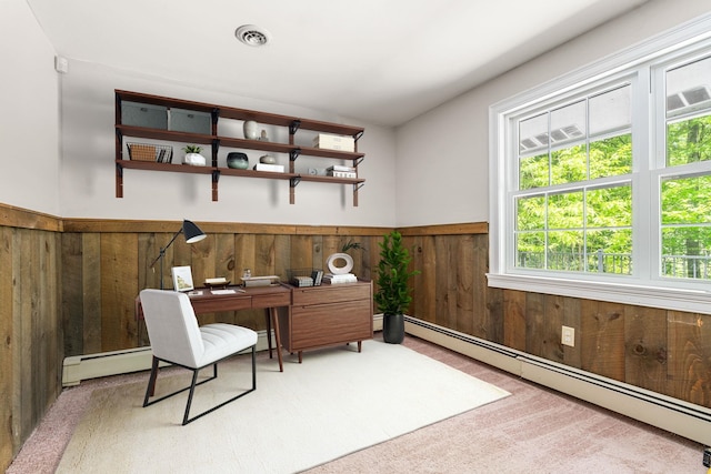 28 Olde Lantern Rd, Bedford, NH 03110 - office area featuring a baseboard radiator, wood walls, wainscoting, and carpet floors