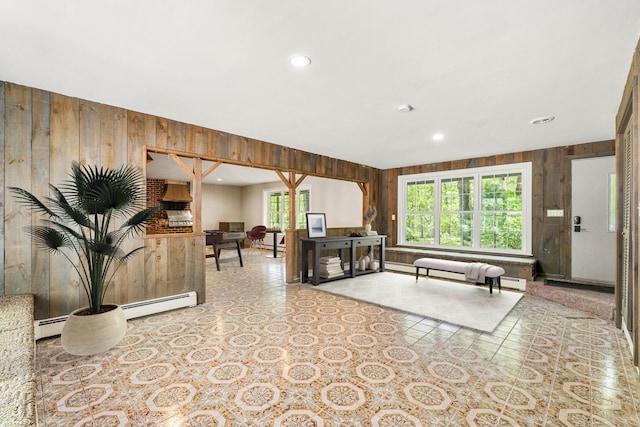 28 Olde Lantern Rd, Bedford, NH 03110 - living room featuring wooden walls, recessed lighting, and baseboard heating
