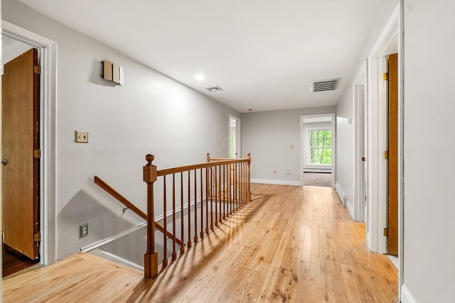 28 Olde Lantern Rd, Bedford, NH 03110 - hall featuring an upstairs landing, light wood finished floors, baseboards, and recessed lighting