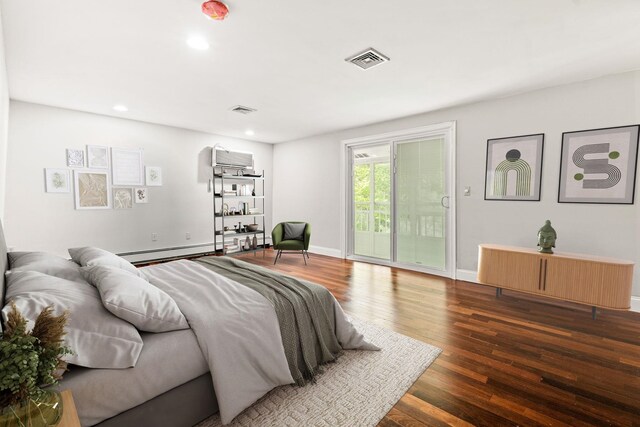 28 Olde Lantern Rd, Bedford, NH 03110 - bedroom featuring access to outside, wood finished floors, recessed lighting, a baseboard heating unit, and baseboards