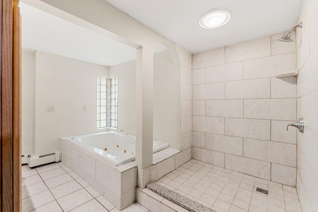 28 Olde Lantern Rd, Bedford, NH 03110 - full bathroom featuring baseboard heating, tile patterned floors, a jetted tub, and tiled shower
