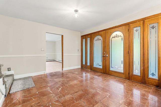 28 Olde Lantern Rd, Bedford, NH 03110 - entrance foyer featuring baseboards, french doors, a baseboard heating unit, and stairs
