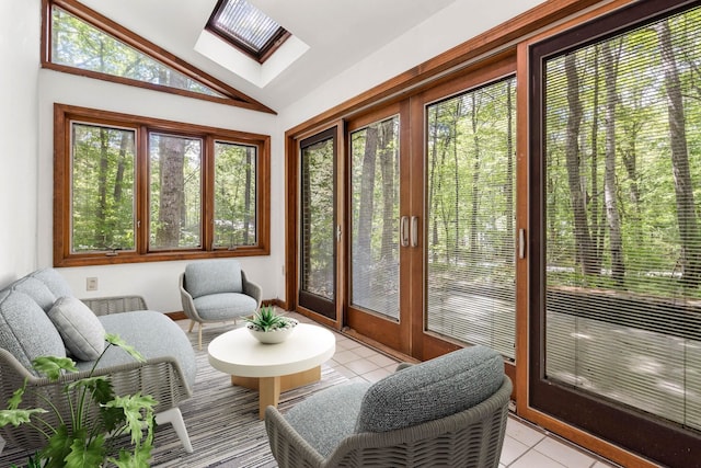 28 Olde Lantern Rd, Bedford, NH 03110 - sunroom / solarium featuring a skylight, tile patterned flooring, lofted ceiling, and french doors