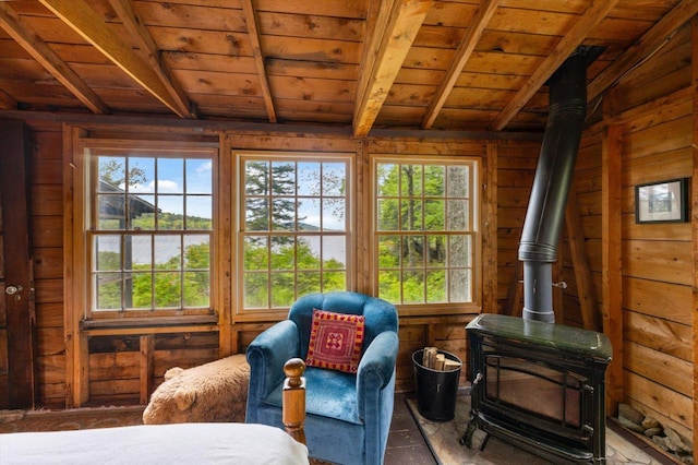 138 Miller Dr, Nelson, NH 03457 - living area featuring a wood stove, wood ceiling, and wood walls
