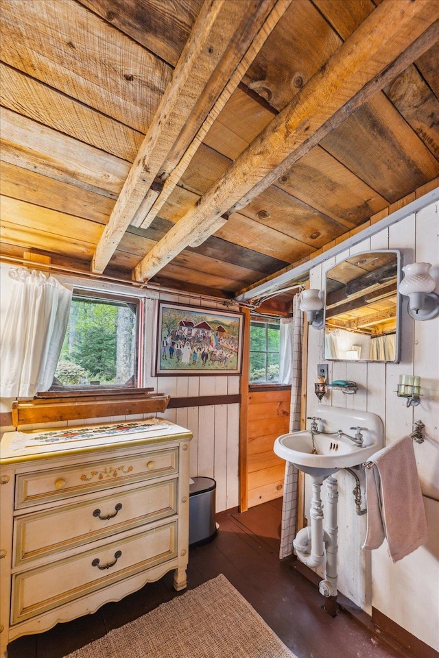 138 Miller Dr, Nelson, NH 03457 - bathroom featuring wood ceiling with exposed beams, wood walls, and wood finished floors