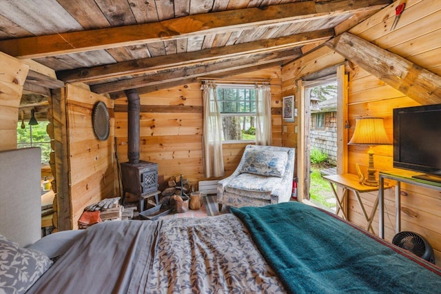 138 Miller Dr, Nelson, NH 03457 - bedroom with wood ceiling, wooden walls, wood finished floors, and a wood stove