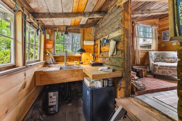 138 Miller Dr, Nelson, NH 03457 - home office with wooden ceiling, wooden walls, hardwood / wood-style flooring, and a sink