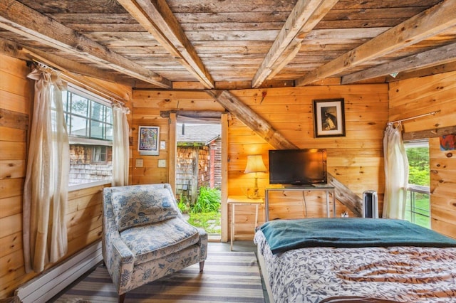138 Miller Dr, Nelson, NH 03457 - bedroom with wooden ceiling with exposed beams, a baseboard heating unit, multiple windows, wood walls, and wood finished floors