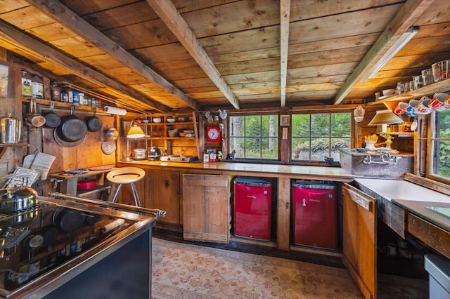 138 Miller Dr, Nelson, NH 03457 - bar area with wooden ceiling with exposed beams, healthy amount of natural light, black range with electric stovetop, and fridge
