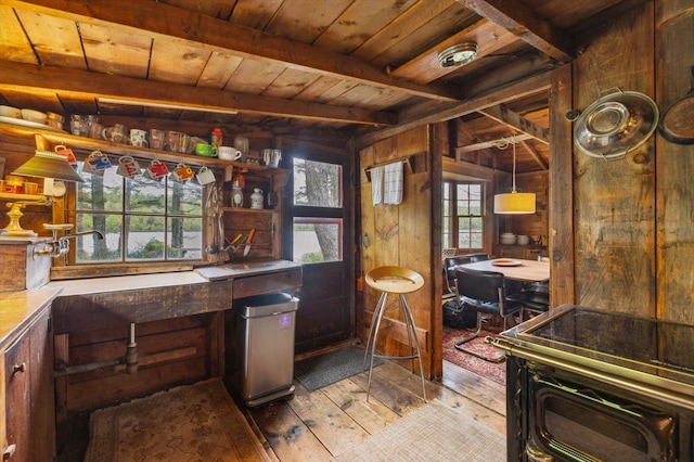 138 Miller Dr, Nelson, NH 03457 - bar with wood ceiling with exposed beams, hardwood / wood-style flooring, and wooden walls