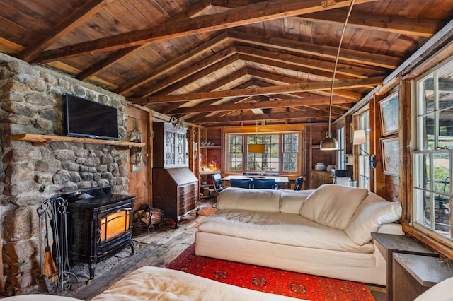 138 Miller Dr, Nelson, NH 03457 - living area featuring wood ceiling, wood-type flooring, wood walls, and a wood stove