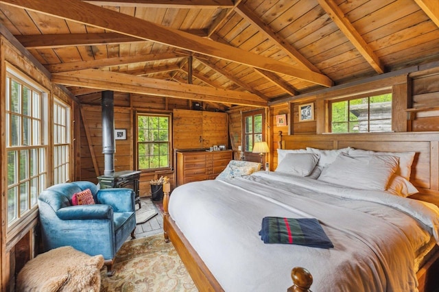 138 Miller Dr, Nelson, NH 03457 - bedroom featuring a wood stove, wood finished floors, wood walls, multiple windows, and wooden ceiling