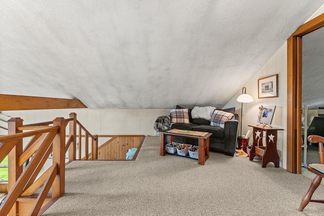122 Wallace Rd, Northfield, VT 05663 - carpeted living area featuring a textured ceiling, wood walls, and lofted ceiling