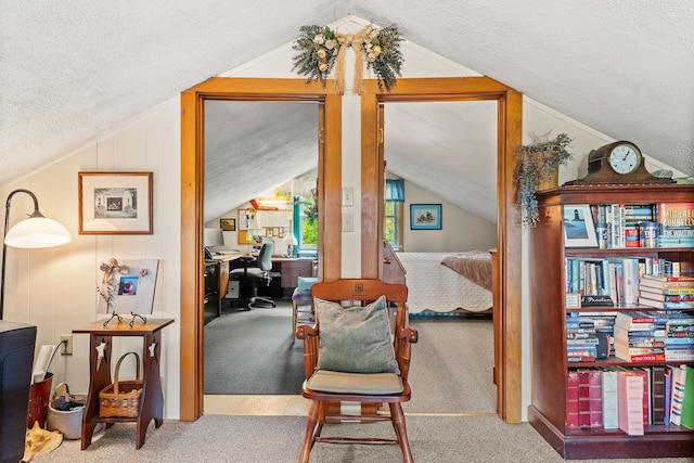 122 Wallace Rd, Northfield, VT 05663 - living area with vaulted ceiling, a textured ceiling, carpet floors, and an office area