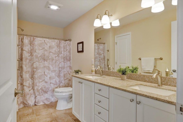 28A Black Walnut Ln Unit A, Jericho, VT 05465 - full bathroom with toilet, double vanity, a shower with curtain, and tile patterned floors