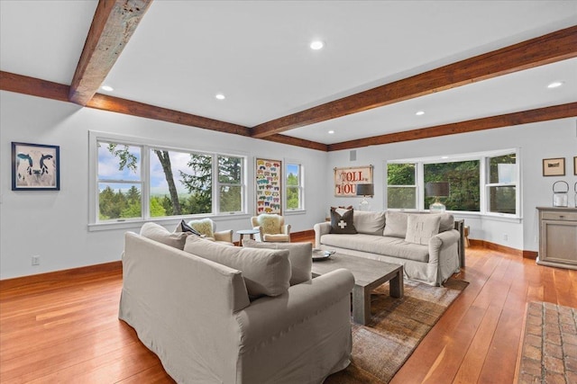 1444 Upper Hollow Rd, Stowe, VT 05672 - living area with beamed ceiling, light wood-style flooring, recessed lighting, and baseboards