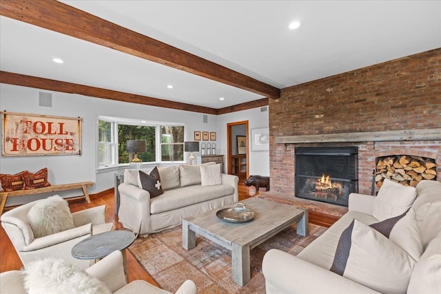 1444 Upper Hollow Rd, Stowe, VT 05672 - living room featuring a brick fireplace, wood finished floors, beamed ceiling, recessed lighting, and baseboards