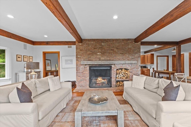 1444 Upper Hollow Rd, Stowe, VT 05672 - living room with beamed ceiling, a fireplace, recessed lighting, and light wood-style flooring