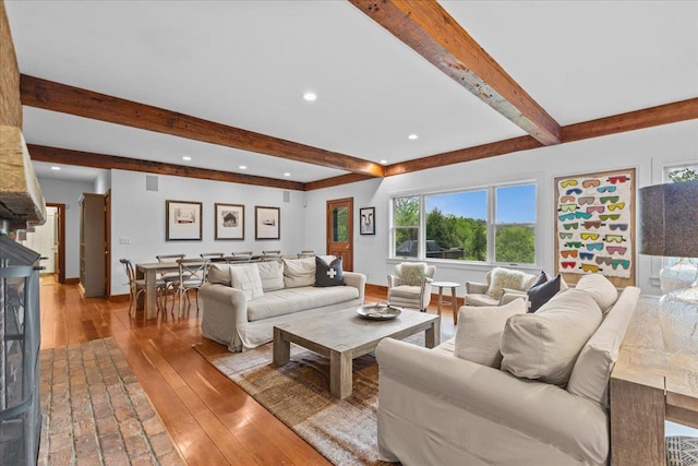 1444 Upper Hollow Rd, Stowe, VT 05672 - living room with beam ceiling, hardwood / wood-style flooring, recessed lighting, and healthy amount of natural light