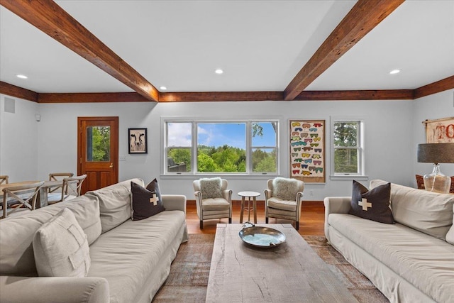 1444 Upper Hollow Rd, Stowe, VT 05672 - living room featuring beamed ceiling, wood finished floors, recessed lighting, and baseboards