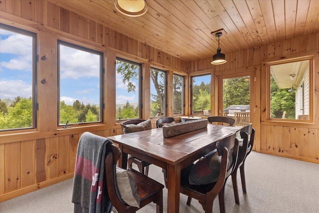 1444 Upper Hollow Rd, Stowe, VT 05672 - dining room with wood walls, light carpet, wood ceiling, and baseboards