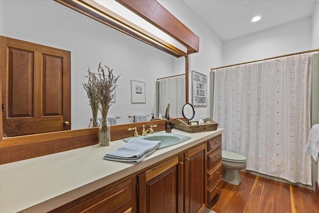 1444 Upper Hollow Rd, Stowe, VT 05672 - bathroom with toilet, vanity, wood finished floors, a closet, and recessed lighting