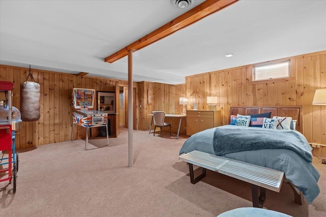 1444 Upper Hollow Rd, Stowe, VT 05672 - carpeted bedroom with wood walls and beam ceiling