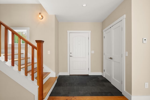 456 Thomas Ln, Stowe, VT 05672 - foyer with stairs, baseboards, and recessed lighting